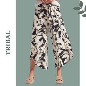 TRIBAL PRINTED PULL-ON BELTED PANTS Tropical Black Cream Soze XS